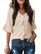 Χαμηλού Κόστους Επίσημες Μπλούζες-Γυναικεία Πουκάμισο Κομψή Σατέν Μπλούζα Μπλούζα Σουρωτά Με Βολάν Κουρελού Σκέτο Κομψό Βίντατζ Καθημερινά Μακρυμάνικο Λαιμόκοψη V Κανονικά μπλουζάκια Καθημερινά Δουλειά Αργίες