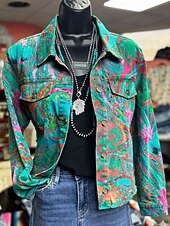 preiswerte Freizeitjacken-Damen Jacke Warm Leicht Knöpfe Druck Aktiv Vintage Künstlerisch Lässig Blumen Lässig Regulär Umlegekragen Normale Passform Langarm Oberbekleidung Blau Grün Beige Frühling Herbst