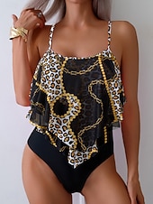 Χαμηλού Κόστους Τανκίνι-Γυναικείο Tankini 2 τεμαχίων Μαγιό Λεοπάρ Briefs Έλεγχος Κοιλιάς Ψηλή Μέση Αδύνατο Ανοιχτή Πλάτη Διακοπές Παραλία Floral Scoop Neck Άνευ Μανικιών Μαγιό