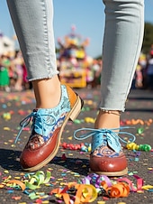 お買い得  女性の靴-ウィメンズ・マルディグラ カラフルなマルチカラーパッチワークブローグとレースアップオックスフォードシューズ – カーニバルパレード、フェスティバルコスチューム＆パーティーセレブレーションのためのレトロアーティスティックスタイル