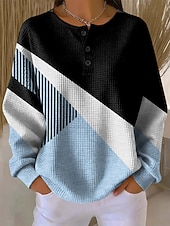 economico Felpe a Strisce e Geometriche-Per donna Felpe con cappuccio Bottoni Grafico Geometrico Blocco di colori Moda Casual Stampa Manica Lunga Girocollo Top Regolari Casuale Streetwear Blu Viola Verde Kaki Autunno Inverno