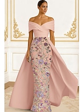  A-Linie Bodenlang Perlenbestickt Abendkleid Kleid der Brautmutter Abendkleid Ballkleid mit Überrock Festliche Kleidung Elegant Hoher Schlitz Kurzarm Schulterfrei Hochzeit Formell Satin Spitze mit