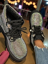 economico Stivali alla caviglia-stivaletti allacciati con glitter da donna - stivali da combattimento con plateau e strass scintillanti, stile trendy per la vita notturna, per feste e club &amp;abiti da sera