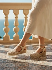 cheap Espadrille Sandals-Women's Beige Boho Crochet Espadrille Wedge Sandals – Ideal for Summer Vacations, Beach Resorts and Casual Getaways