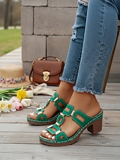 olcso Kényelmes szandálok-Női zöld blokk sarkú, hétköznapi szandál, tartást adó, párnázott talpbetéttel, stabil középsarkú kialakítással mindennapi viseletre, városi sétákra, utazásra és társasági eseményekre.