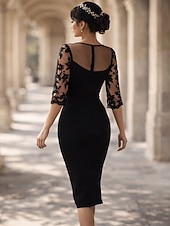 abordables Longitud del té-Funda Columna Hasta la Rodilla Corto Mini Vestido de Fiesta Vestido Cóctel Vestido Invitada Boda Vestido de Madrina Manga Larga Escote de ilusión Elegante Invitado a la boda El derby de Kentucky