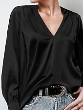 cheap Dressy Blouses-Women's Shirt Elegant Satin Top Blouse Ruched Plain Vintage Stylish Long Sleeve V Neck Regular Tops Holiday Going out Black White Wine Apricot Summer Spring