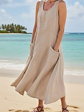 זול שמלות פשוטות-בגדי ריקוד נשים שמלת מקסי שמלת קיץ שמלה עם כיווץ במותן חופשה יום יומי חוף ליציאה מונח בצורה רפויה צבע אחיד גראפי ללא שרוולים צווארון צווארון כחול בהיר לבן סגול כתום קיץ אביב