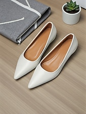 cheap Women's Flats-Women's Elegant White Pointed Toe Flats with Low Block Heel, Comfortable and Stylish Footwear for Casual or Office Wear