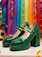 お買い得  女性の靴-女性用マルディグラ赤のパテントフェイクレザープラットフォームヒールにダブルバックルのメリージェーンシューズ - カーニバル、パレード、フェスティバルのお祝いに最適