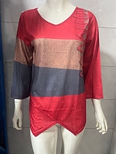 Недорогие Искусство и Дизайн футболка-Жен. Футболка Пэчворк С принтом Контрастных цветов Винтаж Мода На каждый день Длинный рукав V-образный вырез Обычные топы Повседневные На выход выходные Синий Желтый Красный Лето Весна Осень