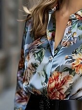 رخيصةأون بلوزات رسمية-نسائي قميص أنيقة بلوزة من الساتان قمم الصيف مكشكش بقع طباعة ورد الرسم سهل أنيق عتيق سيدات كم طويل قبعة القميص قمصان عادية مناسب للبس اليومي عمل مناسب للعطلات أزرق الصيف الربيع