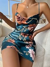 preiswerte Damen Nachtwäsche und Loungewear-Damen Freizeitkleidung Nachthemd Sexy Lässig Weich Blumen Gerafft Rückenfrei Kleid Heim Urlaub Ärmellos V Ausschnitt Schwarz Rote Grün Sommer Frühling Normale Passform