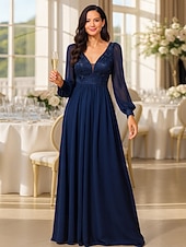 tanie Długość podłogi-Sukienki A-Line na długość podłogi sukienka formalna sukienka wieczorowa sukienka matki panny młodej sukienka z długim rękawem dekolt w serek elegancka vintage z koralikami