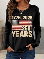  Dia da Independência Aniversário Americano Camiseta Patriótica Feminina Gráfica Bandeira Estilosa Casual Manga Longa Gola Redonda Tops Regulares Diário Impressão Branco Caqui Primavera Outono