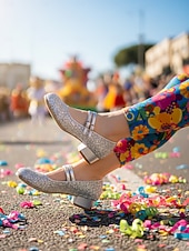 preiswerte Frauen Schuhe-Damen Mardi Gras Glitzer Mary Jane Schuhe – Funkelnde Doppelriemen Niedrigblockabsätze festliche Karnevalsparty-Fußbekleidung für Umzugsteilnehmer Tänzerinnen und Feier-Outfits