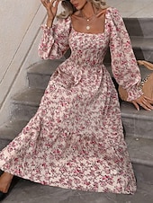 voordelige Bloemenjurken-Dames Maxi-jurk A lijn jurk Casual Dagelijks Normale pasvorm Bloemig Grafisch Lange mouw Vierkante hals Zwart Blozend Roze Lente Herfst