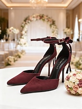 economico Invitato al matrimonio-scarpe con tacco alla caviglia in pelle scamosciata color carne da donna: eleganti décolleté a punta stiletto per matrimoni al chiuso, invitati a nozze e scarpe eleganti per feste formali