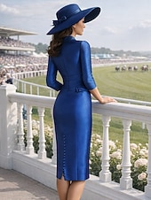 preiswerte Teelänge-Schlauchkleid Knielang Partykleid Cocktailkleid Kleid für Hochzeitsgäste Brautmutterkleid Dreiviertelarm V Ausschnitt Elegant Blumen Formell Hochzeitsgast Satin mit Gerafft Schulterblume