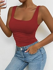 baratos Plain Tank-Women's Camisole Tank Top Solid Color Stylish Casual Sleeveless Square Neck Regular Tops Daily White Yellow Wine Red Royal Blue Summer