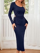 cheap Women-Women's long sleeve square neck waist pleat one side slit ribbed long dress