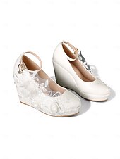abordables novia-Zapatos de boda de cuña con encaje floral color marfil para mujer: tacones de plataforma con correa en el tobillo, estilo romántico y elegante para novias en bodas urbanas.