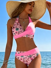 preiswerte Bikini-Sets-Damen Bikini 2-teiliges Badeanzug Raffung Cheeky Urlaub Fashion Blumen Grafik V-Ausschnitt Ärmelloses Badeanzüge