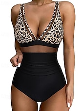 preiswerte Einteiler-Damen Badeanzug Einteiler Bikini Shorts Bademode Netz Rückenfrei Urlaub Strandbekleidung Leopard Blätter V Ausschnitt Ärmellos Badeanzüge
