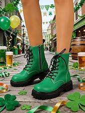 cheap Women's Shoes-Women's Green Lace-up Boots with St. Patrick's Day Vibe – Stylish Durable Boots with Sturdy Soles, Ideal for Parades, Outdoor St. Patrick's Day Celebrations and Festive Adventures
