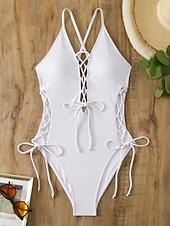 voordelige Eendelige badpakken-Dames Eendelig Zwempak Sexy Uitsnijding Monokini Buikcontrole Hoge Taille Slank Rugloos Vakantie Strandkleding Effen Kleur V-hals Mouwloos Badpakken