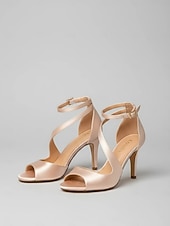 levne Sandály na podpatku-elegantní nahé saténové svatební lodičky s vykukující špičkou pro ženy - pohodlné jehlové boty s páskem kolem kotníků, ideální pro nevěsty a večerní akce