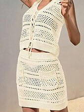 お買い得  ビーチドレス-女性用 スイムウェア 2ピース スカート 水着 切り抜き ニット 旅行度假风 ビーチウェア 平織り Ｖネック ノースリーブ 水着