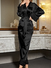 economico Top e pantaloni pigiama da donna-Per donna Abbigliamento da Casa Set Pigiama Moda Casual Morbido Colore Puro Pizzo Patchwork Pantalone Casa Vacanza Manica Lunga Scollo a V Nero Bianco Primavera Autunno Vestibilità regolare