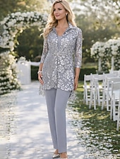 economico Tailleur pantalone della mamma-Tuta Completo Pantalone Tre Pezzi Lunghezza alla caviglia Abito da cerimonia per signora Manica 3/4 Scollo a V Elegante Taglie Forti Formale Ospite di nozze Chiffon Pizzo Con Stola con Paillettes