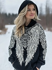 preiswerte Viking-Oberteile-Damen Kapuzenpullover Patchwork Druck Fronttasche Grafik Geometrisch Stammes Vintage Lässig Boho Langarm Mit Kapuze Normale Oberteile Lässig Straße Alltagskleidung Schwarz Weiß Frühling Herbst