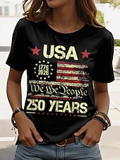  Dia da Independência Aniversário Americano Patriótico Camiseta Feminina Estampa Gráfica Bandeira Vintage Estilosa Casual Manga Curta Gola Redonda Tops Regulares Impressão Diária Fim de Semana Preto
