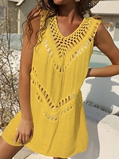 cheap Beach Dresses-Women's Swimwear Cover Up Swim Dress Dress Swimsuit Cut Out Vacation Beach Wear Solid Color V Neck Sleeveless Bathing Suits