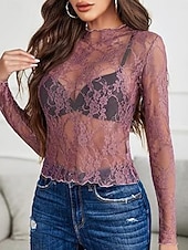 economico Bluse Semplici-Per donna Camicia popover Camicia casual Blusa Pizzo Patchwork Tinta unica Elegante Casual Manica Lunga Collo alla coreana Top Regolari Quotidiano Feste Ferie Nero Bianco Rosa Rosso Fucsia Estate