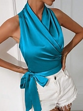 Недорогие Нарядные блузки-Жен. Блуза Открытая спина Полотняное плетение Стиль Секси Без рукавов НАЙКА НЕКО Обычные топы Праздники На выход Синий Черный Цвет шампанского Светло-зеленый Лиловый Лето Весна