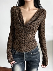 baratos Camiseta lisa-Mulheres Camisa Social Com Pregas Leopardo Elegante Manga Longa Gola Boba Assimétrico Diário Feriado Marron Verão Primavera Outono Inverno