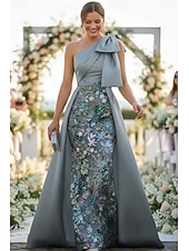 economico Lunghezza del pavimento-Linea ad A Tubino Colonna Lunghezza al pavimento Perline ricamate Abito da invitata a nozze Abito Formale Abito da cerimonia per signora Senza Maniche Monospalla Elegante Vintage Lussuoso Formale Raso
