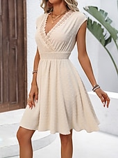abordables Robe Simple-Femmes Mini Robe Robe trapèze Robe d'été Occasionnel Quotidien Coupe régulière Uni Manche Courte Col en V Abricot Été
