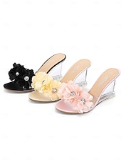 cheap Bridesmaid-Women's Floral Clear Heel Slide Sandals, Transparent Low Heel Mules for Bridesmaids, Elegant Garden Wedding &amp; Outdoor Ceremony Shoes
