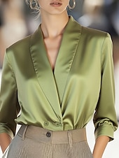 Χαμηλού Κόστους Επίσημες Μπλούζες-Γυναικεία Πουκάμισο Κομψή Σατέν Μπλούζα Μπλούζα Κουμπιά Σκέτο Στυλάτο Καθημερινό Μακρυμάνικο Λαιμόκοψη V Κανονικά μπλουζάκια Καθημερινά Αργίες Εξόδου Πράσινο του τριφυλλιού Καλοκαίρι Άνοιξη