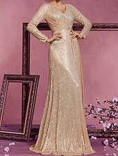 abordables Longueur du plancher-Ligne A Traîne Balayage Robe d'invité de mariage Robe de Cérémonie Robe de soirée Robe de Mère de Mariée  manche longue Col en V Élégant Éclat &amp; Brillance Années 1920 Formel robe demoiselle d honneur