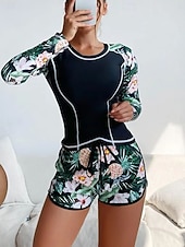 お買い得  タンキニ-ウィメンズ タンキニ 2ピース 水着 パーム ラッシュ ガード ショート タミー コントロール ハイウエスト スリム バックレス バケーション ビーチ ウェア フローラル ラウンド ネック ロングスリーブ 水着