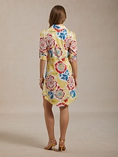 baratos Vacation Dresses-Vacation Satin Yellow Floral Print Shirt Mini Dress