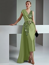  Sheath Column Floor Length Beaded Eembroidered Formal Dresses Mother of the Bride Dress Cocktail Dresses Ball Gown with Overskirt Elegant Glittering Floral Sleeveless V Neck Wedding Formal Satin