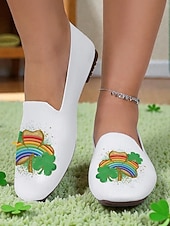  Naisten valkoiset flyknit-pohjalliset loaferit - hengittävät ja kevyet kengät sateenkaari- ja apilankuviolla, täydelliset Pyhän Patrickin päivän juhliin, päivittäisiin asioihin, sisätilaisuuksiin ja kevätretkiin