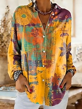 Недорогие Цветочные блузки-Женская рубашка из льняного материала воздухопроницаемая легкая градиентная цветочная графика элегантная винтажная тропическая с длинным рукавом с воротником обычные топы для повседневной носки принт